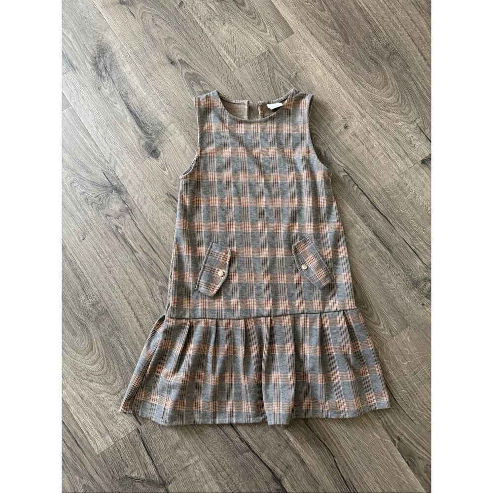 Zara Girl's 12-13 Pinafore Dress Brown Glen Plaid Sleeveless Pleated